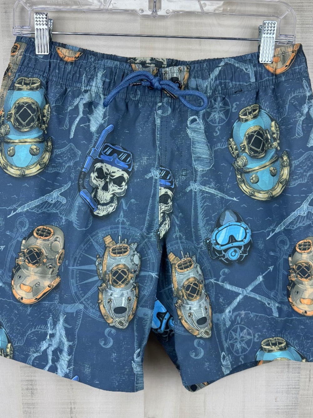 Psycho Tuna Men’s 6” Board Shorts Swim Trunks Blue Scuba Divers Size Small